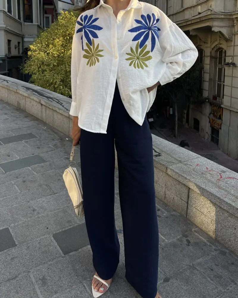 White Oversize Linen Shirt with Floral Embroidery