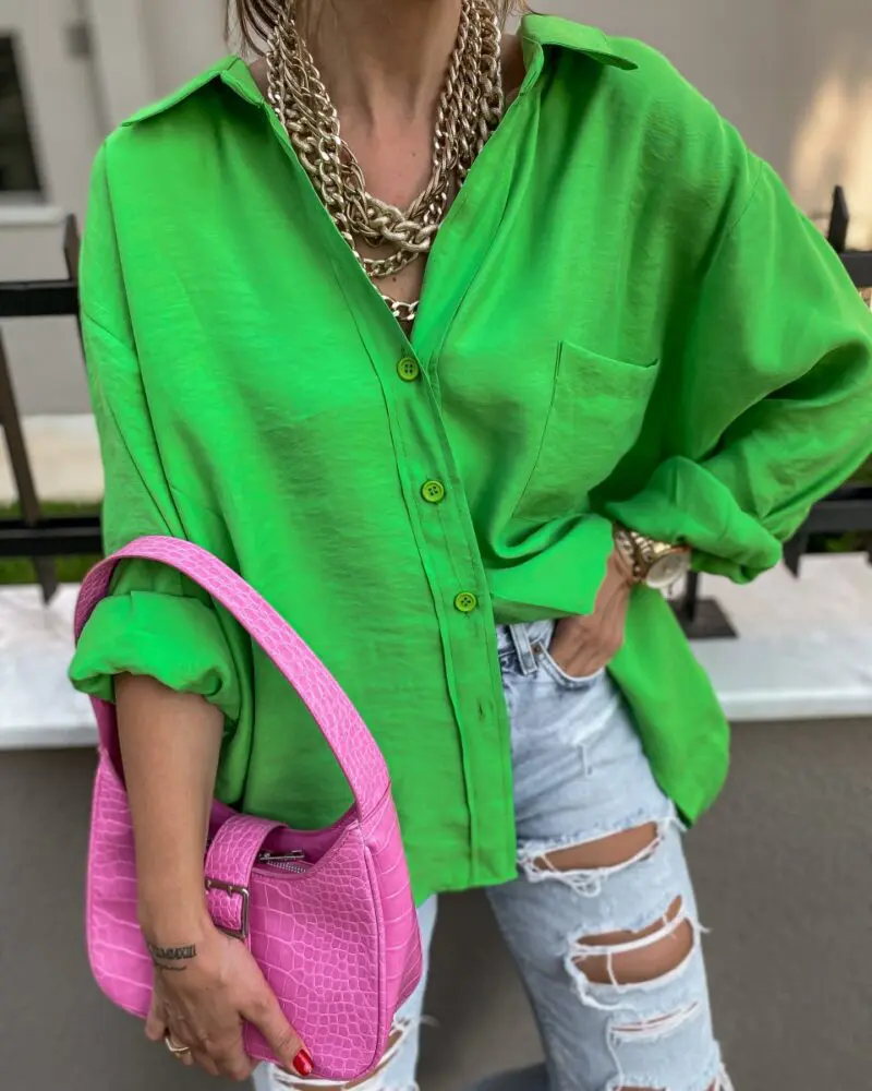 Pistachio Green Single Pocket Detailed Oversize Fabia Shirt