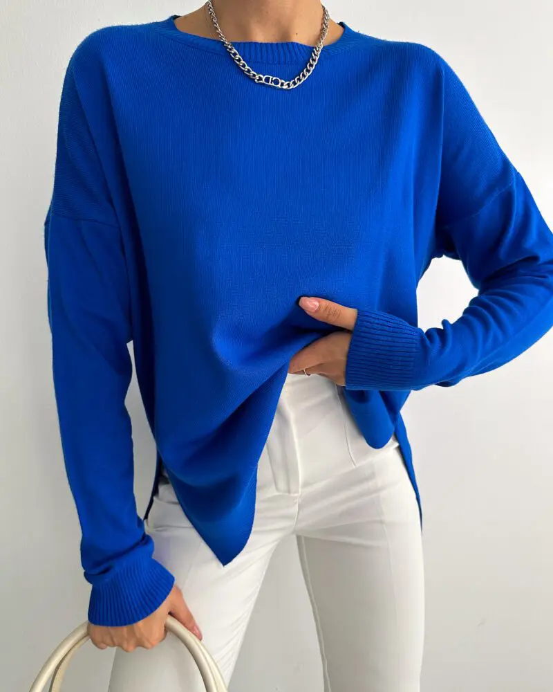 Blue Cotton Pullover with Side Slits