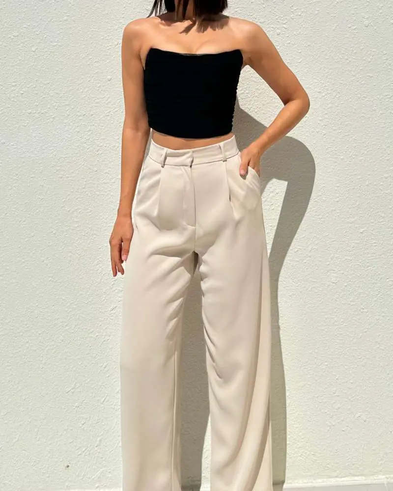 STONE HIGH WAIST PLEATED PALAZZO TROUSERS