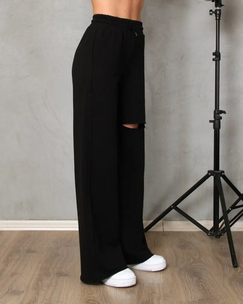Black Wide Leg Sweatpants With Leg Rip