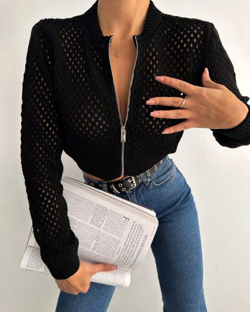 ZipperVibe Edgy Hole Top-Black