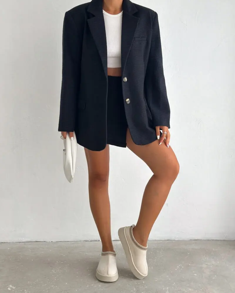 Buttoned Tweed oversized blazer -Navy Blue