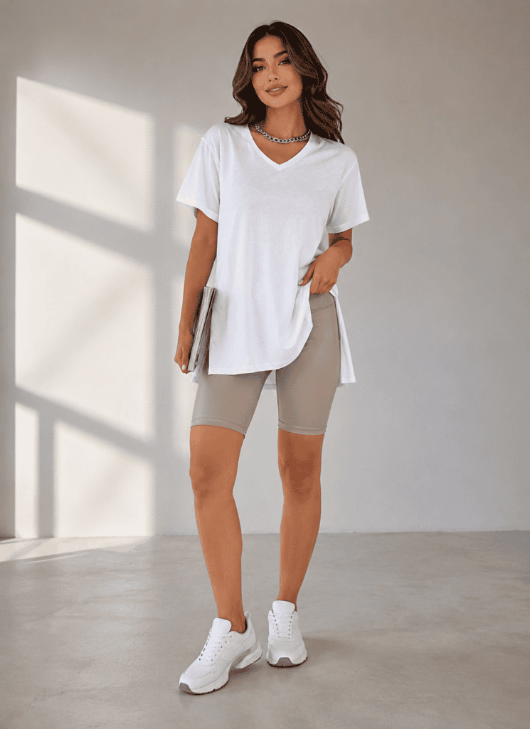 UNBOX®️ V-neck side-slit white t-shirt