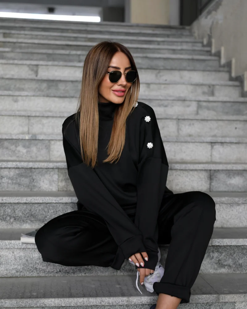 Black Stone Button Detailed Scuba Suit