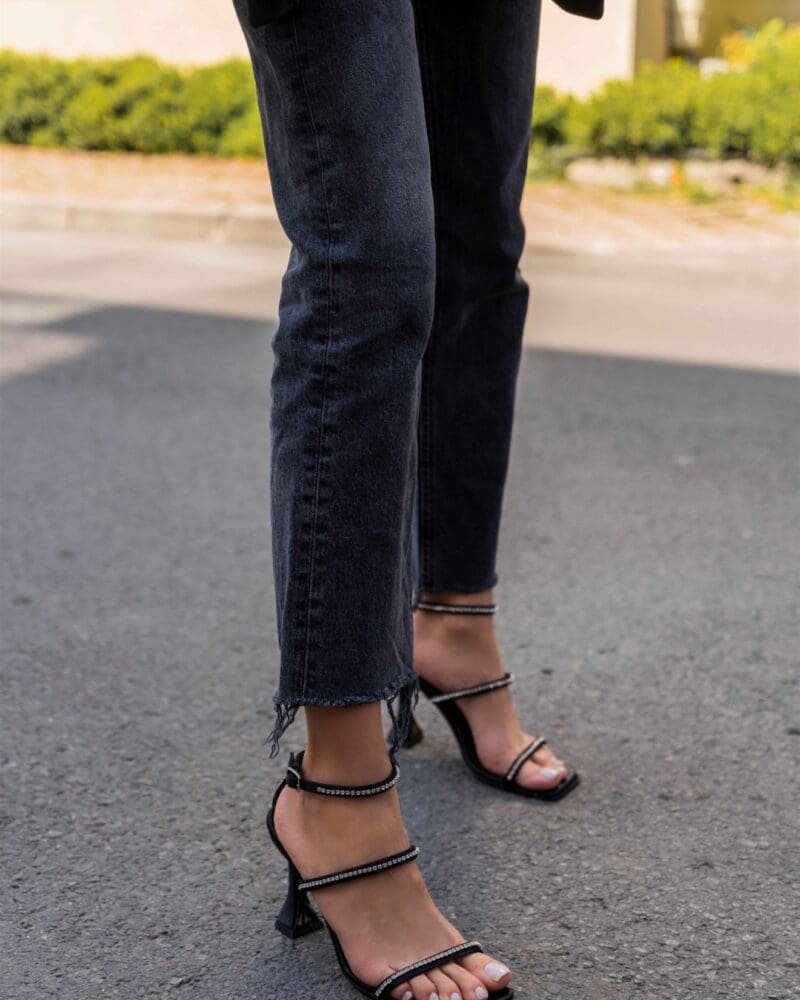 Sofia Black Satin Women's Sandals with Stone Detail Heels