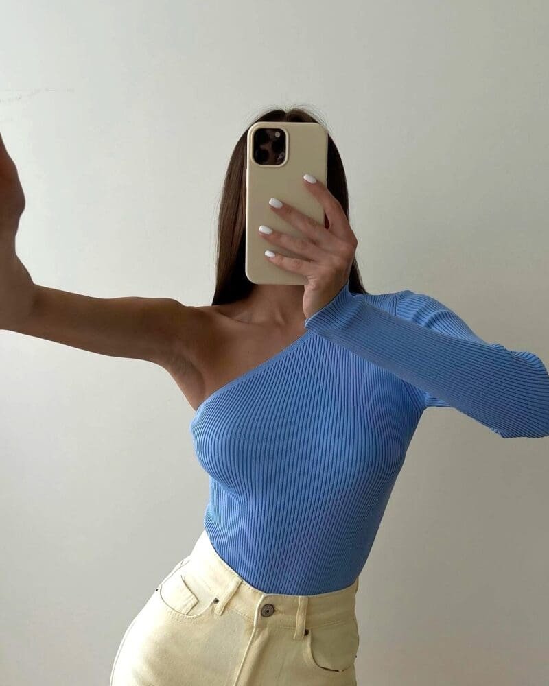 One shoulder top sky blue