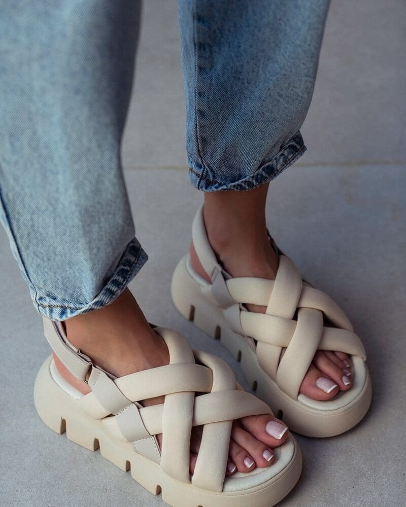 Leila Beige Cross Band Detail Flat Sole Women's Sandals