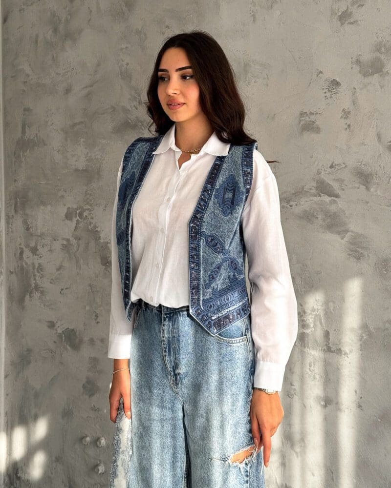 Embroidered Denim Vest Shirt White