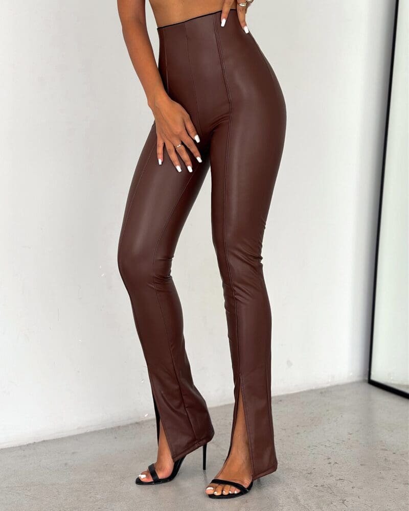 Brown Faux Leather Flare Leggings
