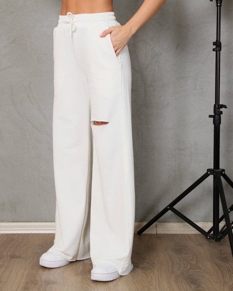 White Wide Leg Sweatpants With Leg Rip