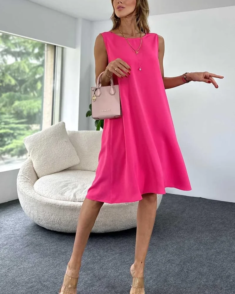 Wide Collar Loose Midi Summer Dress Pink