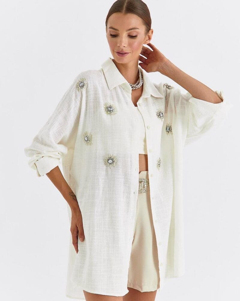 Luxe Stone-Adorned Oversized Women's Shirt
