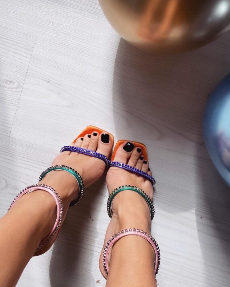 Sofia Orange Color Satin Women's Sandals with Stone Detail Heels