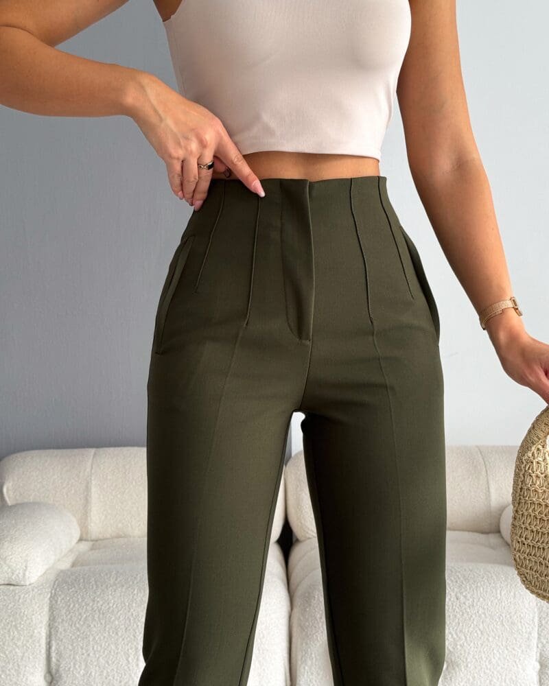 Olive Green High Waist Pleated Pants