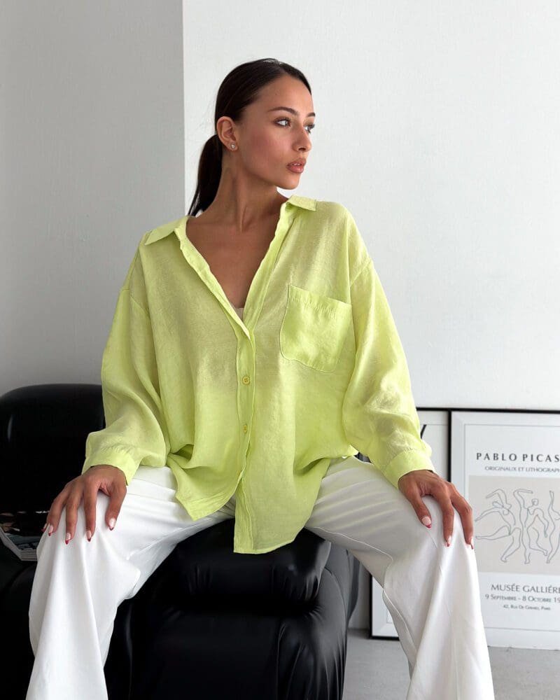 Lime Neon Single Pocket Detailed Oversize Fabia Shirt