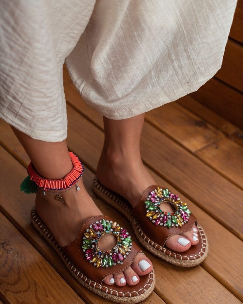Matilda Camel Matte Color Stone Detail Flat Sole Women's Slippers