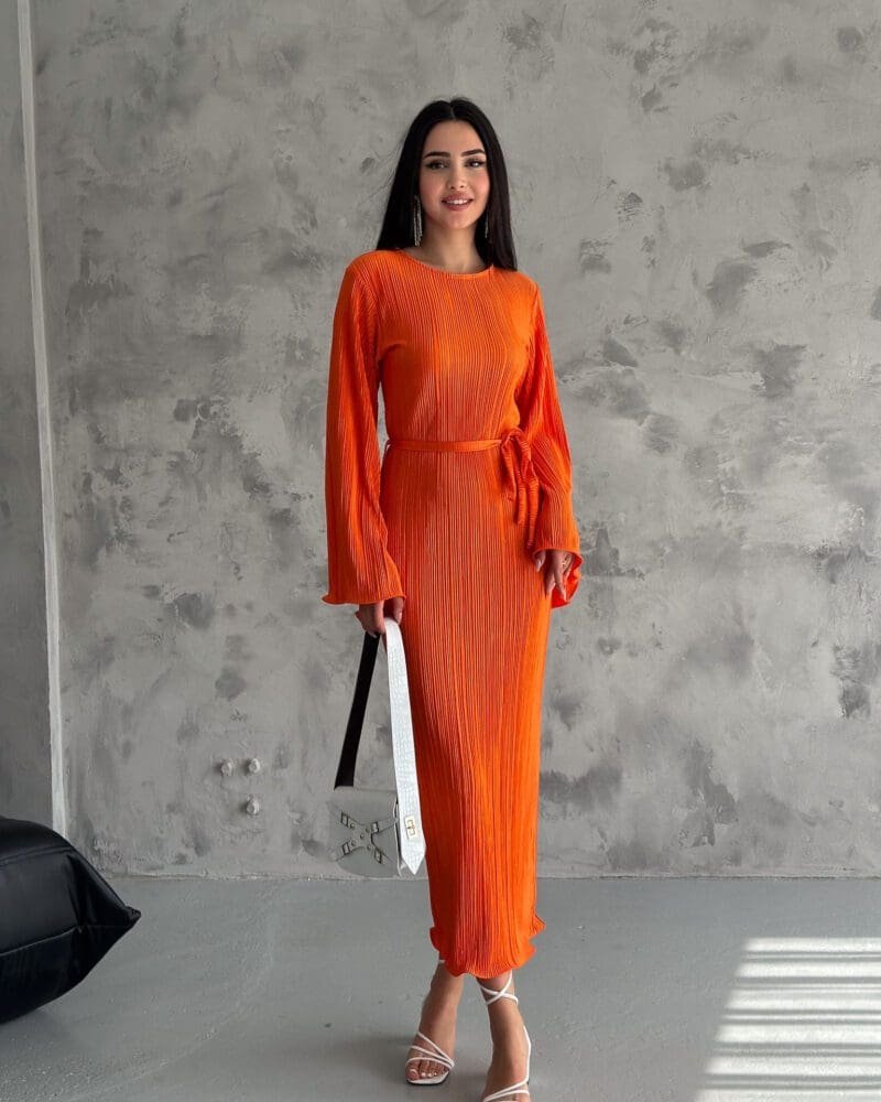 Pleated Midi Dress - Orange