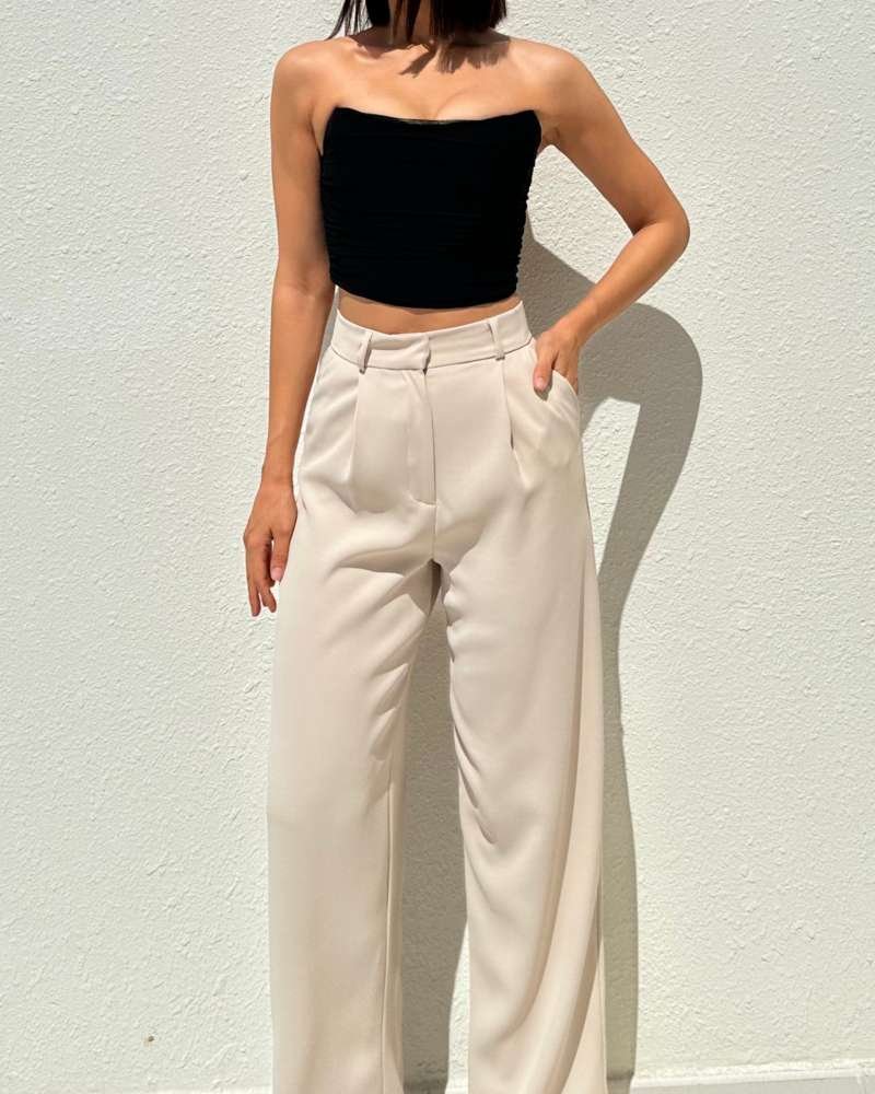 STONE HIGH WAIST PLEATED PALAZZO TROUSERS