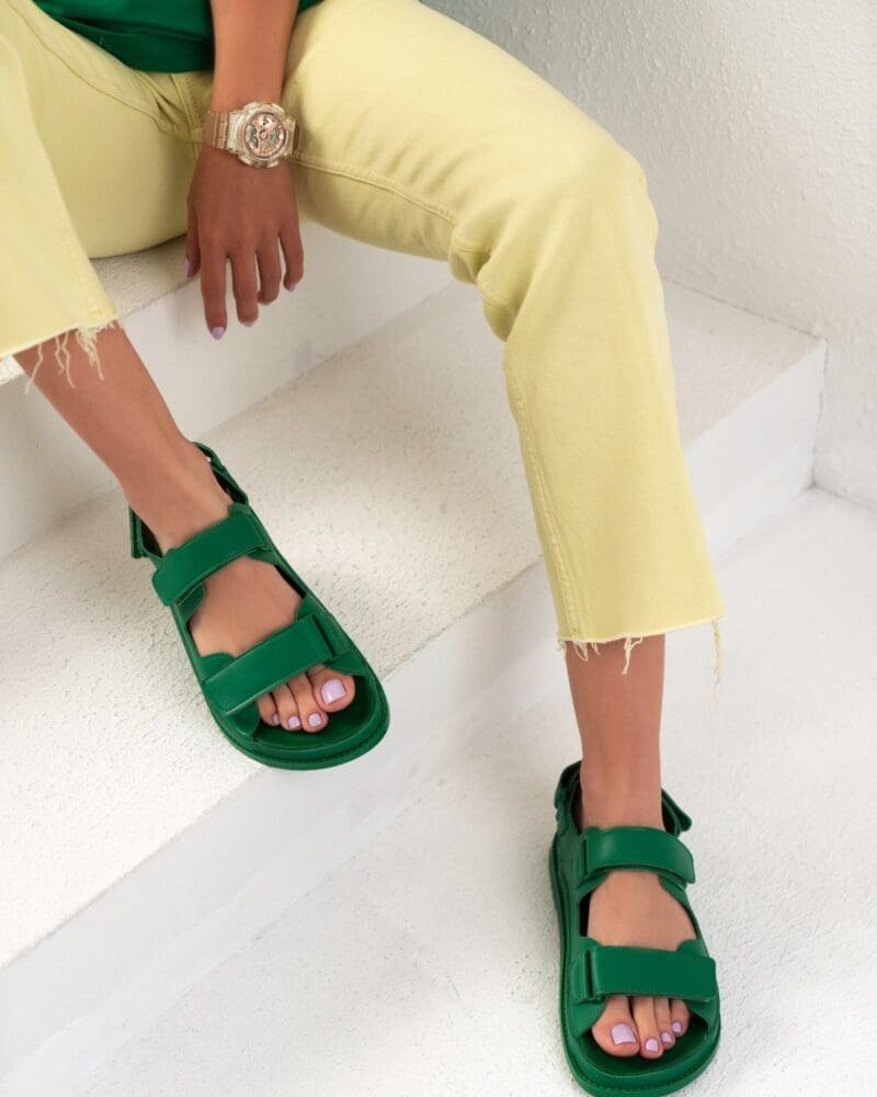 Julia Grass Green Matte Velcro Flat Sole Women's Sandals