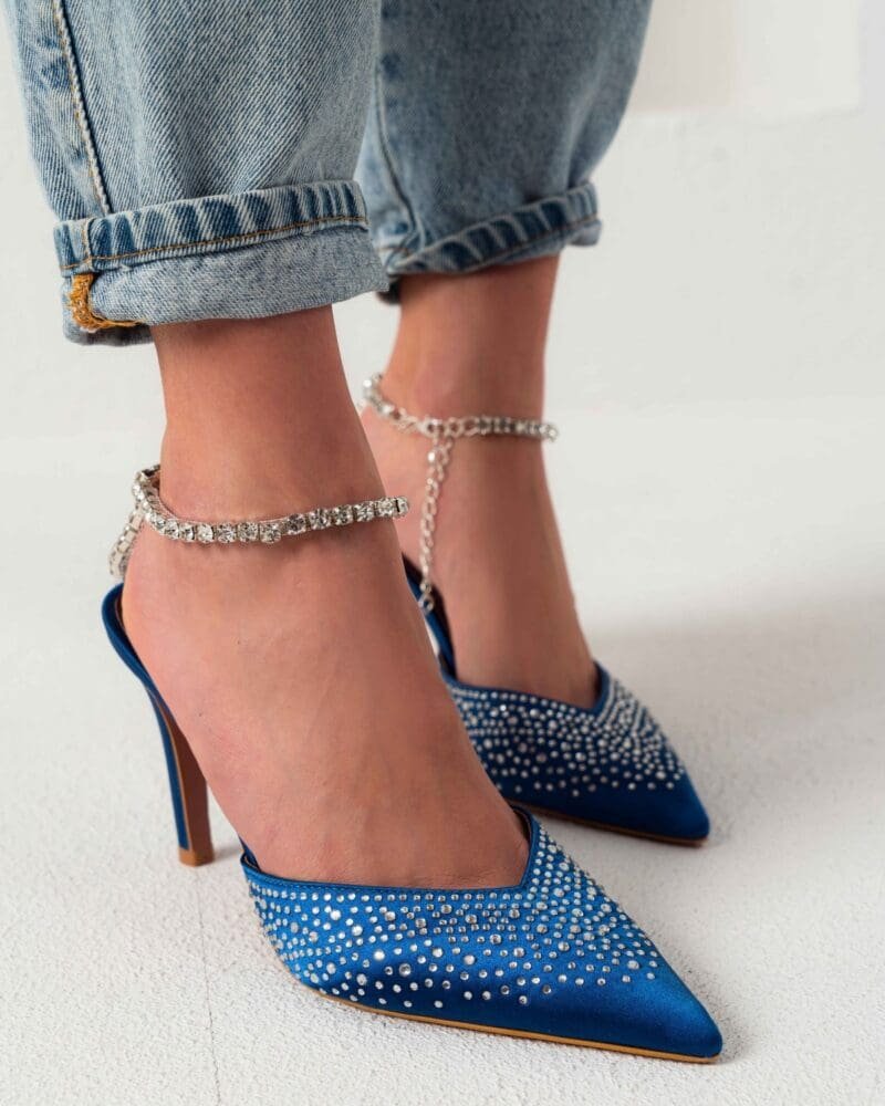 Paris Blue Satin Ankle Tied Stone Detail Women's Heeled Shoes