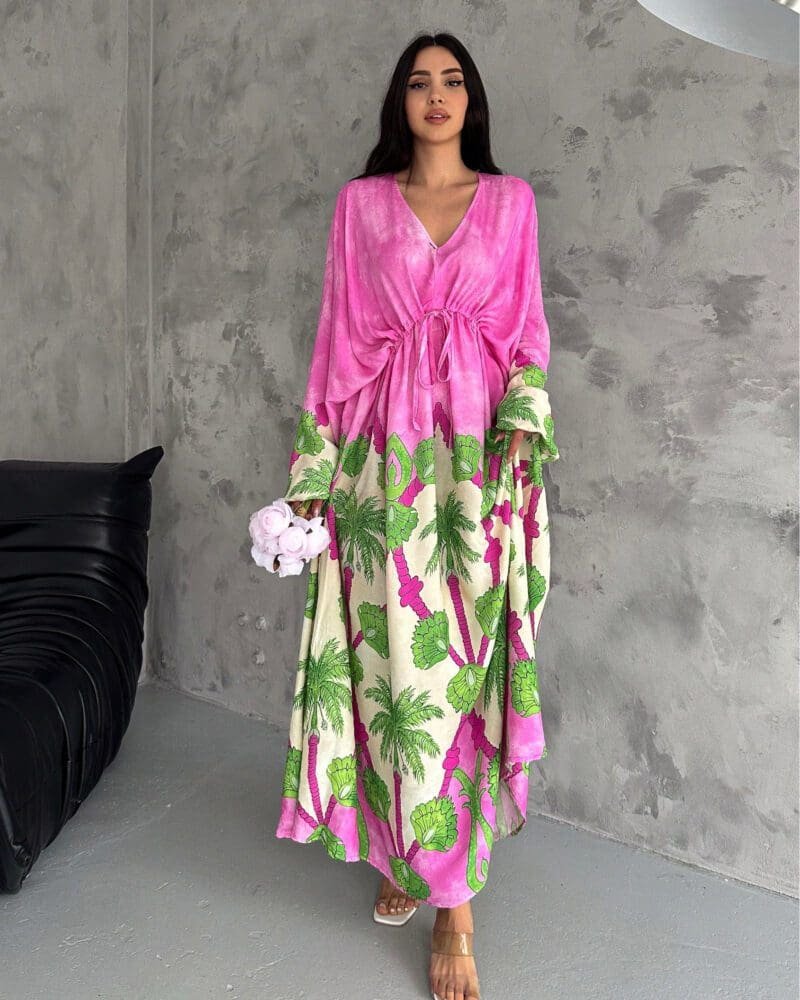 Tropical Blossom Pleated A-Line Maxi Dress