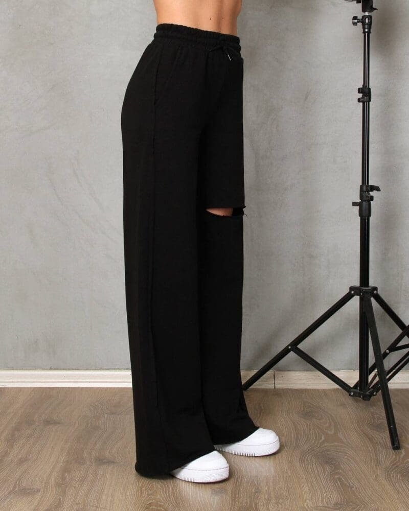 Black Wide Leg Sweatpants With Leg Rip