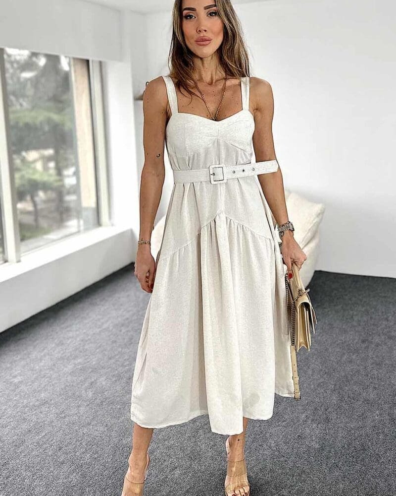 Linen Textured Strap Long Dress Stone