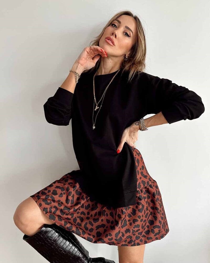Leopard Patterned Sweat Dress Black