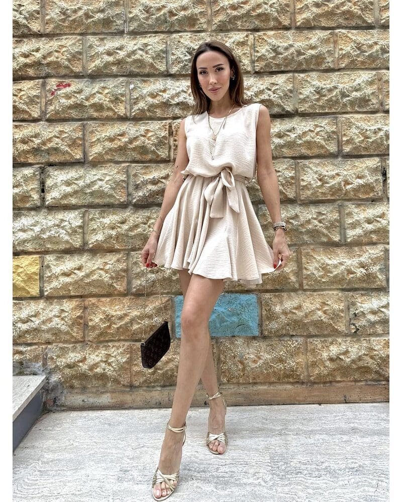 BEIGE BELTED DRESS