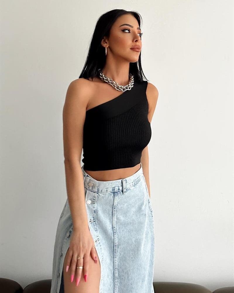 One Shoulder Ribbed Top Black