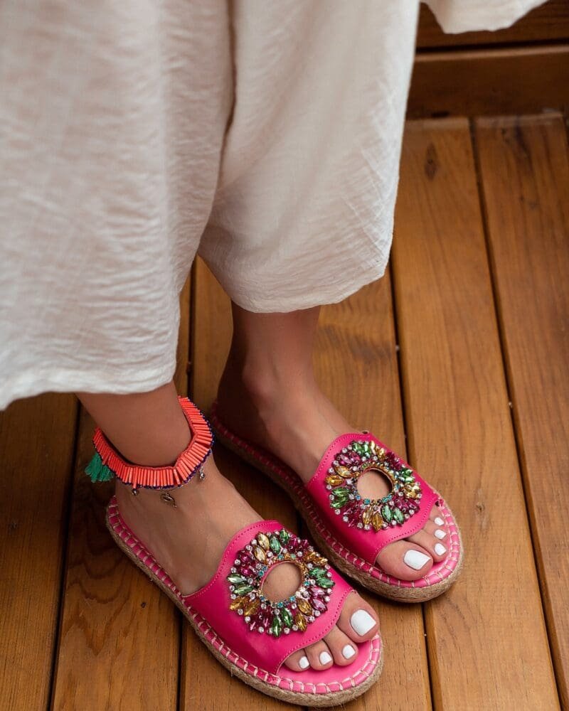 Matilda Fuchsia Matte Color Stone Detail Flat Sole Women's Slippers