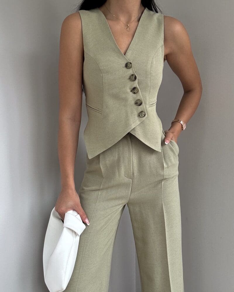 Khaki Buttoned Waistcoat Suit