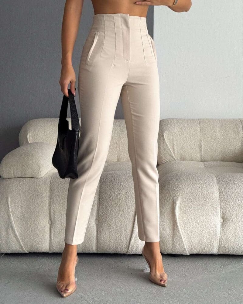 Beige High Waist Pleated Pants