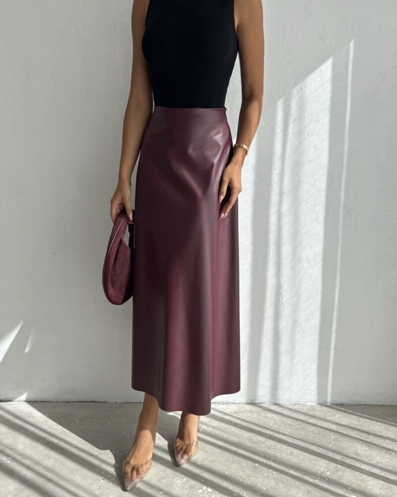 Plum Leather Midi Skirt - Maroon