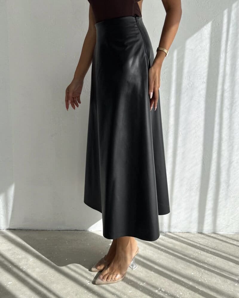 Plum Leather Midi Skirt – Black