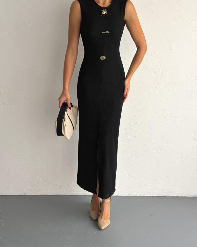 Elegant Ribbed Midi Dress with Gold Accents-Black