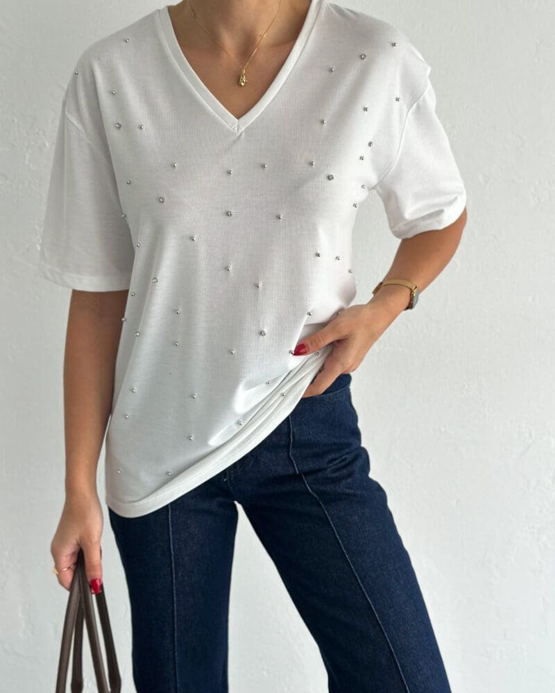 Pearl Sprinkle V-Neck Tee -White