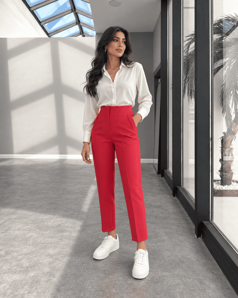 Red HIGH WAIST PLATED PANTS