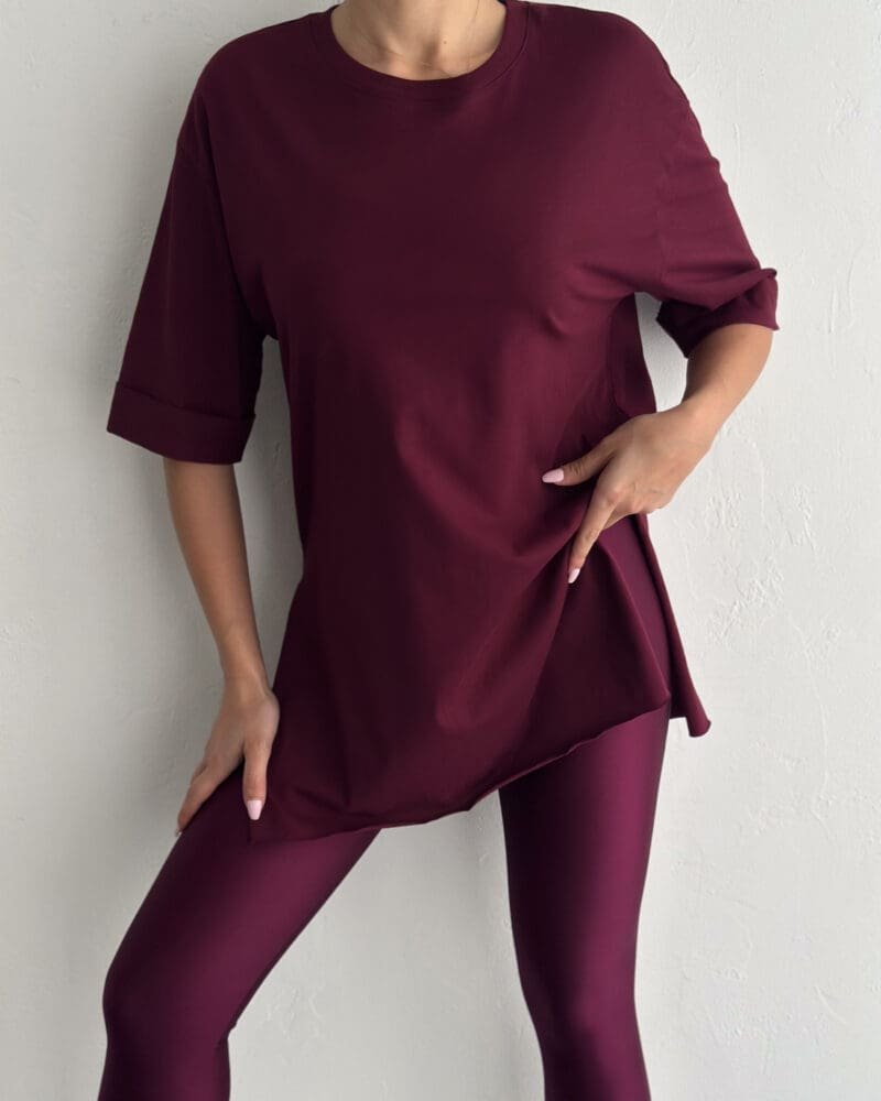 Round-Neck Side-Slit Maroon T-Shirt-¾ Sleeve