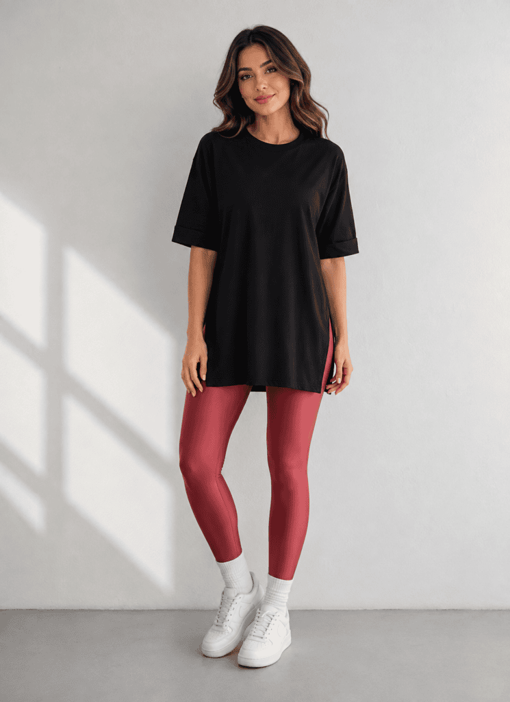 Round-Neck Side-Slit Black T-Shirt-¾ Sleeve