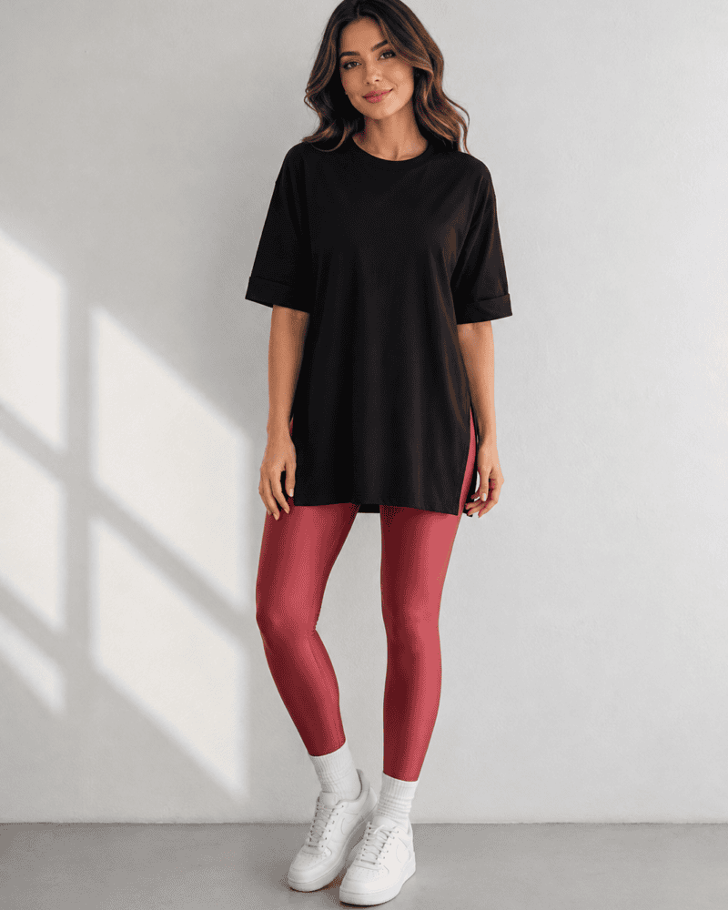 Round-Neck Side-Slit Black T-Shirt-¾ Sleeve