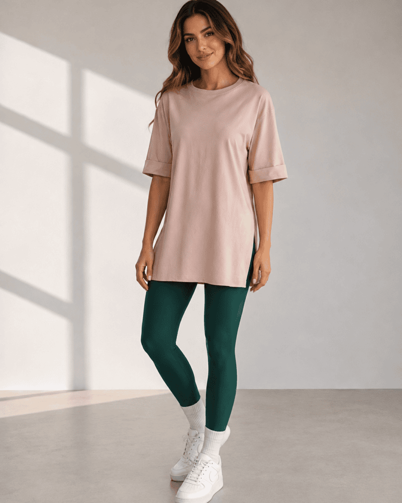 Round-Neck Side-Slit Beige T-Shirt-¾ Sleeve