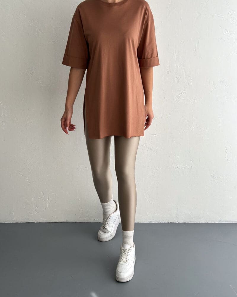 Round-Neck Side-Slit Brown T-Shirt-¾ Sleeve