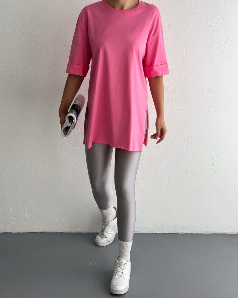 Round-Neck Side-Slit Pink T-Shirt-¾ Sleeve