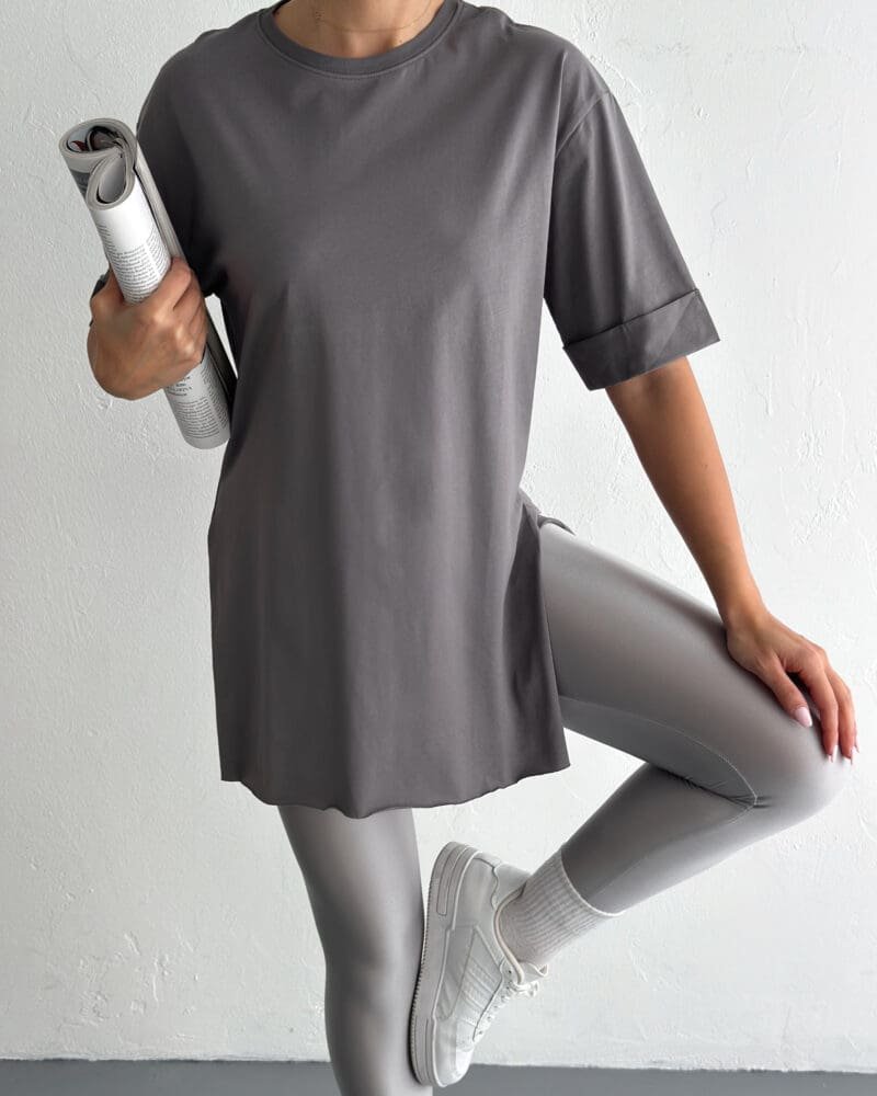 Round-Neck Side-Slit Grey T-Shirt-¾ Sleeve