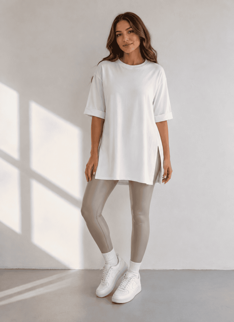 Round-Neck Side-Slit White T-Shirt-¾ Sleeve