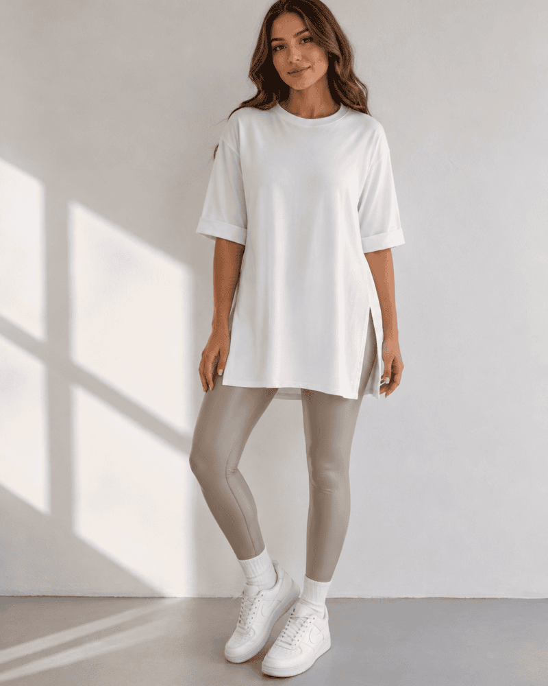 Round-Neck Side-Slit White T-Shirt-¾ Sleeve