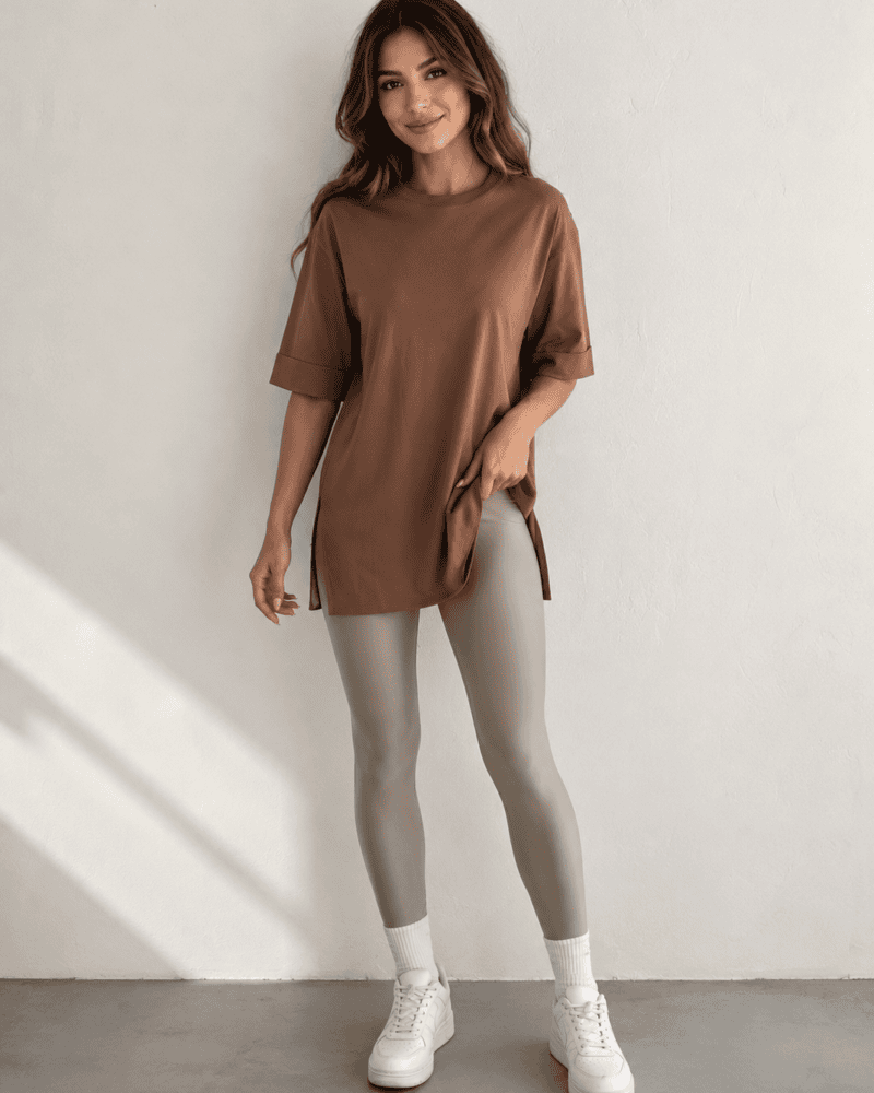 Round-Neck Side-Slit Brown T-Shirt-¾ Sleeve