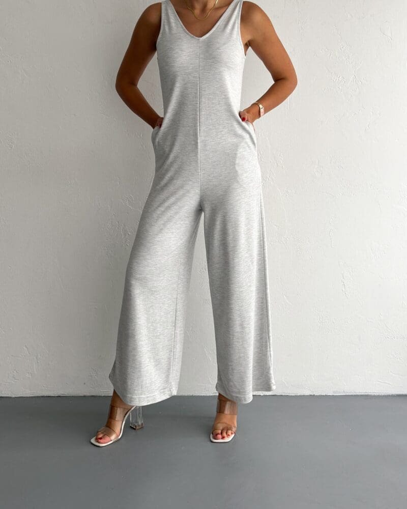 Grey Cotton Wide-Leg Jumpsuit